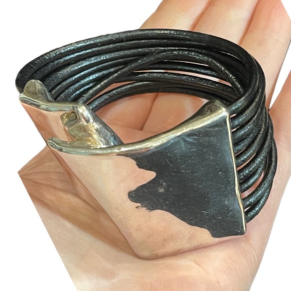 Sterling silver modernist 925 Israel bracelet multi strand leather strap - Picture 7 of 11